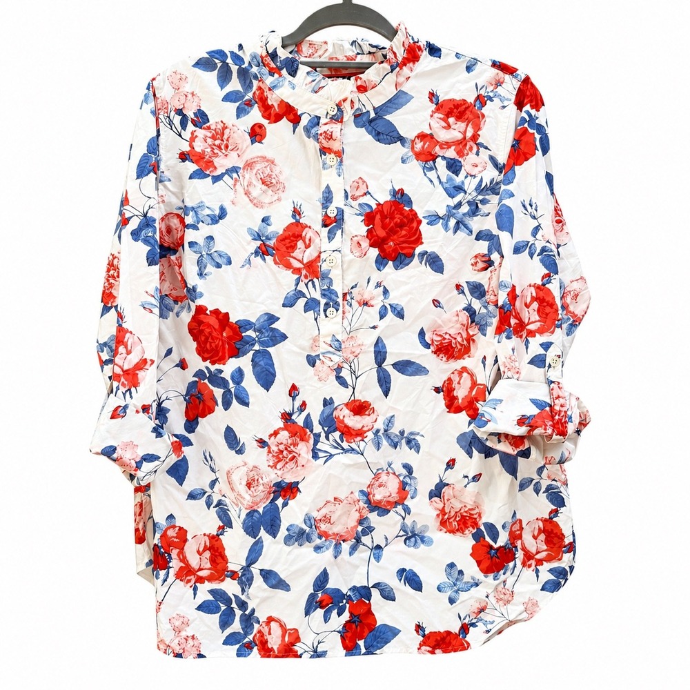 Talbots Womens 2XP Blouse White Red Blue Floral Rose Roll Tab Cotton Henley